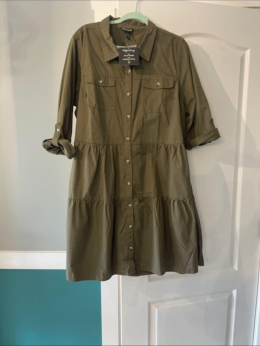 Olive Green Button-Front Tiered Shirtdress